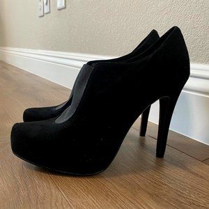 BCBG Black Suede Heeled Ankle Boots, Size 8.5